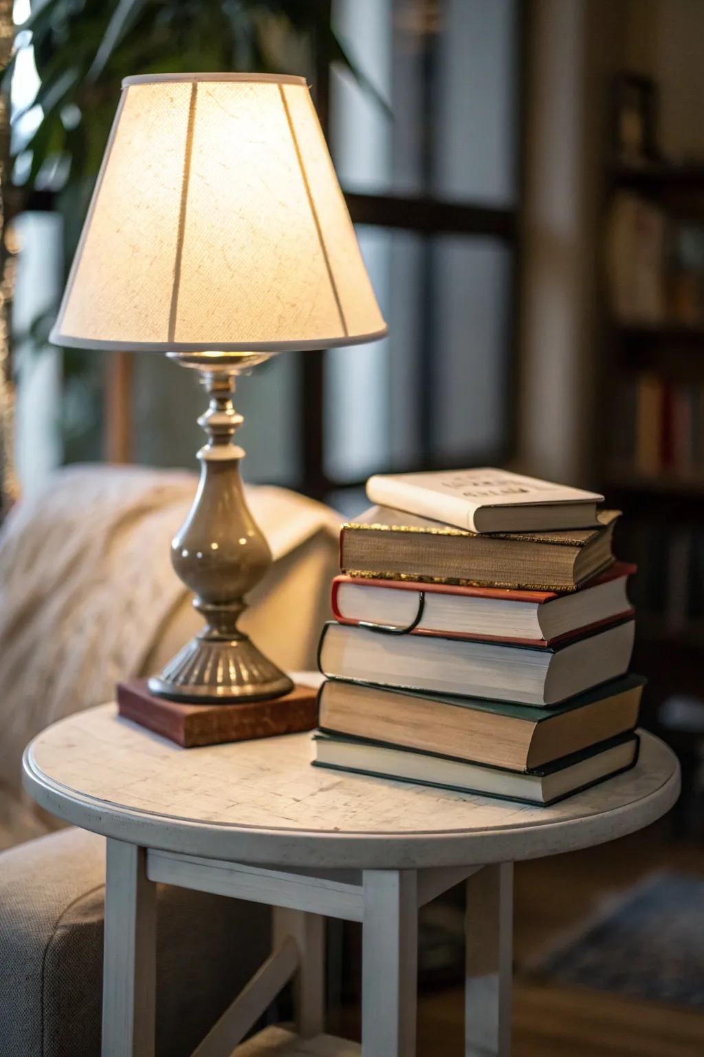 Books can be used to add height and dimension to your corner table decor.