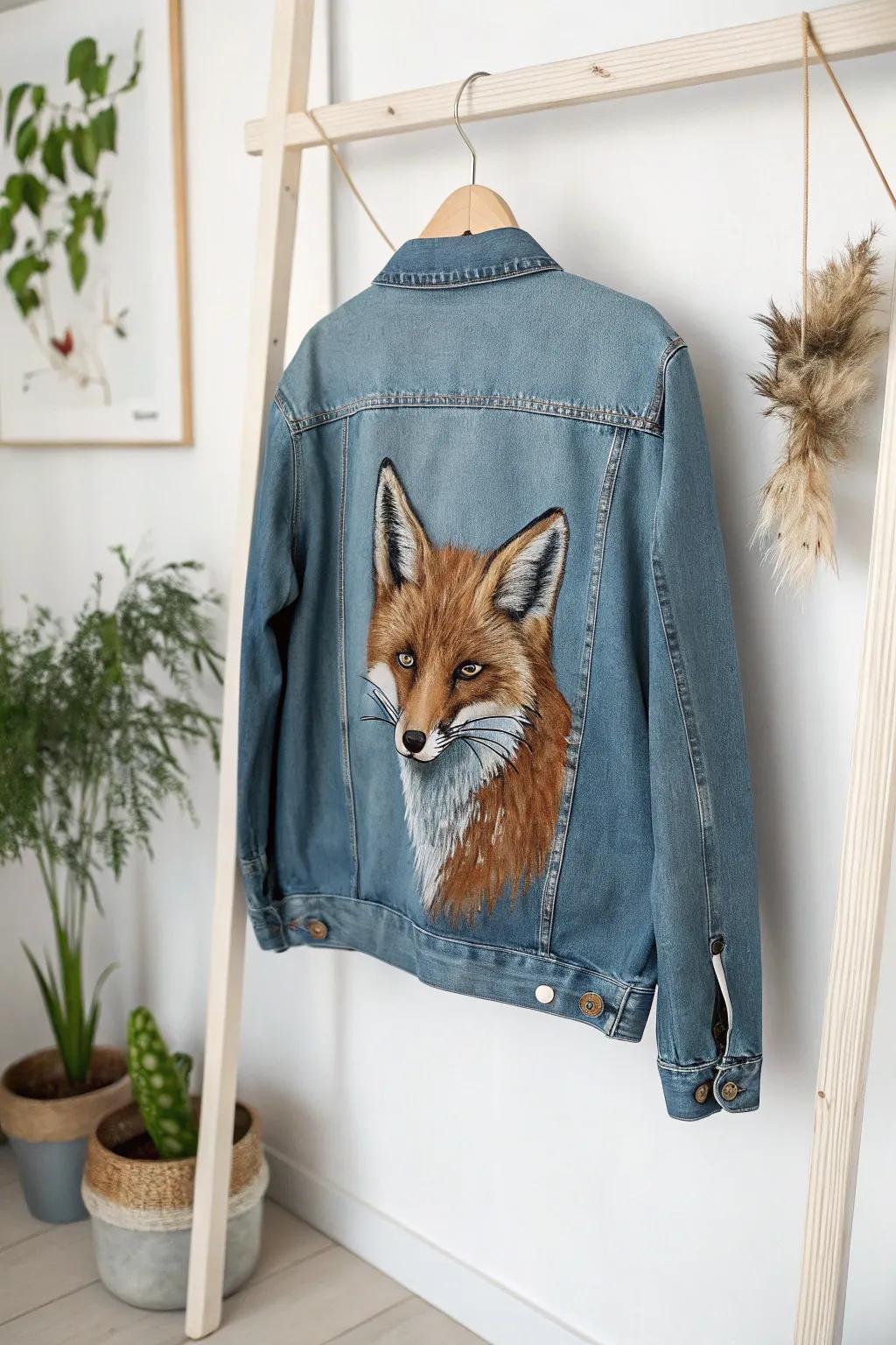 Unleash your creativity with animal-inspired denim art. Add a touch of wilderness to your wardrobe with this stunning fox portrait!