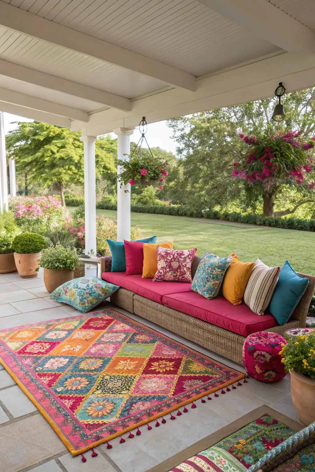 A colorful rug adds personality to the patio.