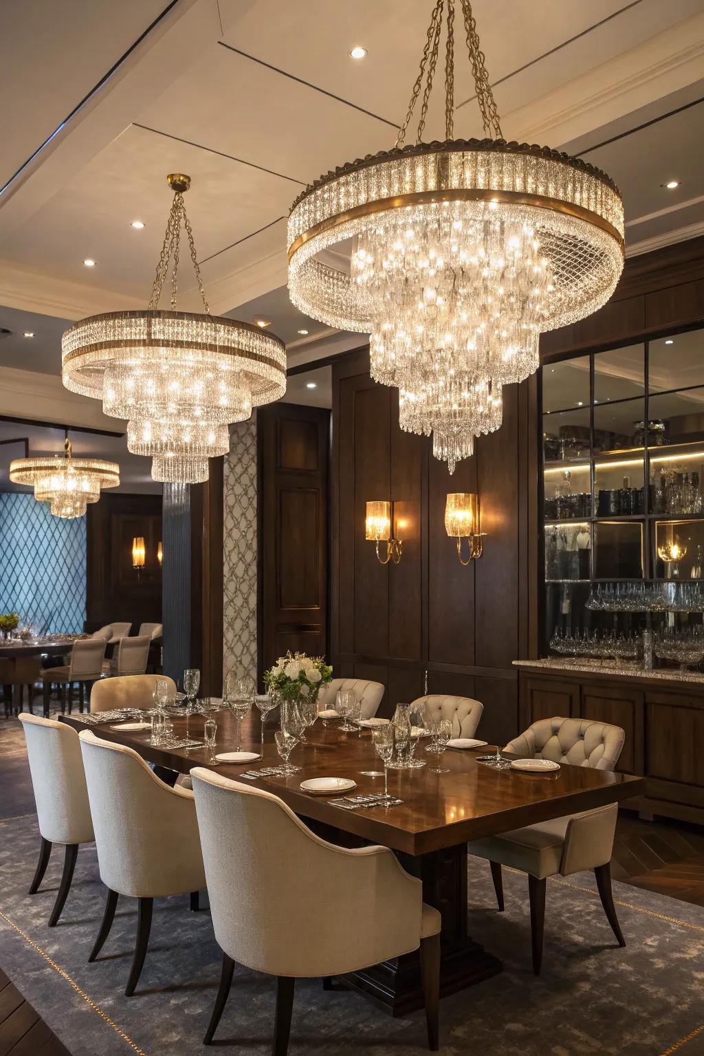 Glamorous crystal lighting adds luxury and elegance to your dining room.