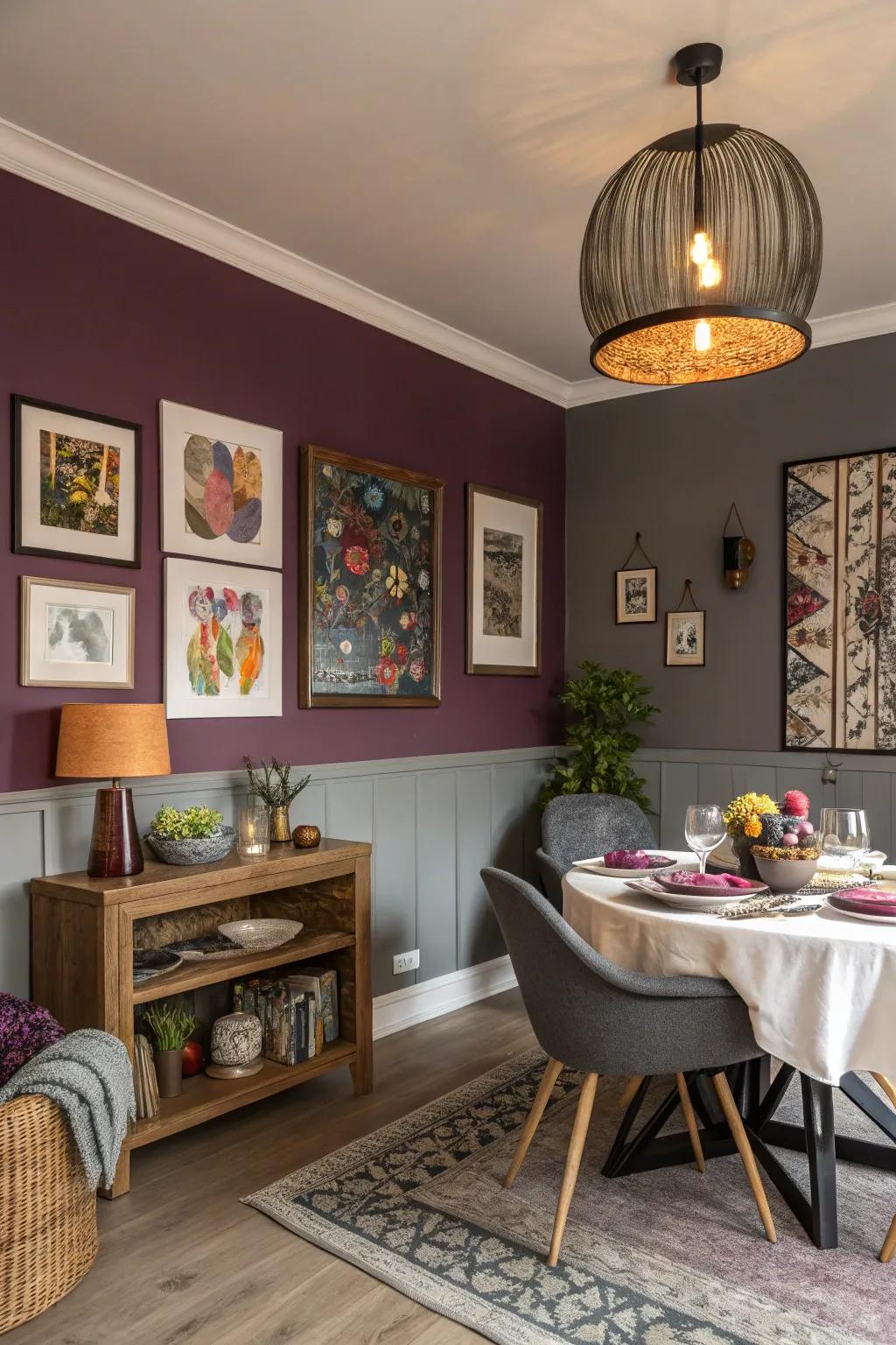 A luxurious dining room with plum and soft gray tones.