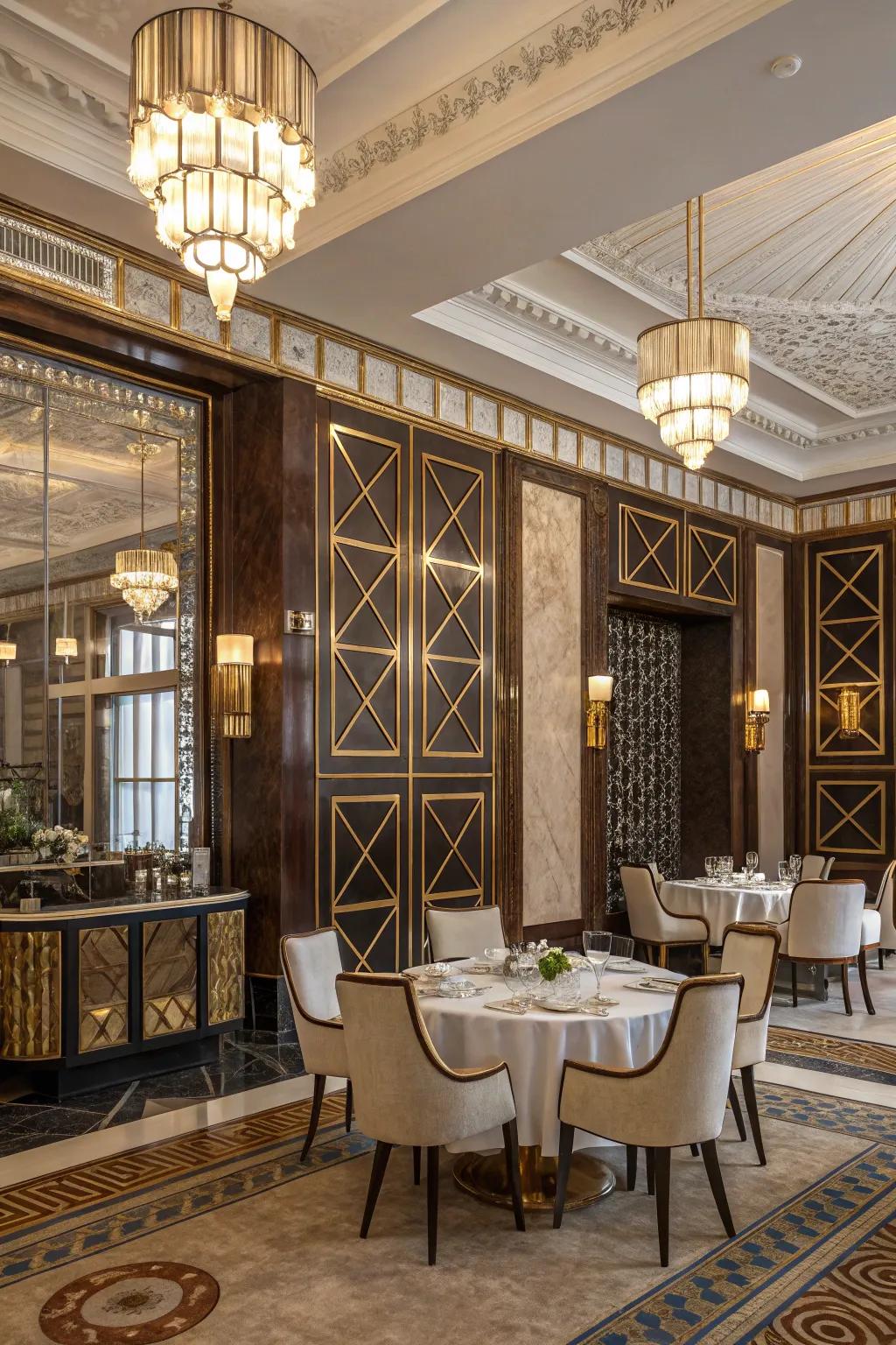 Art Deco panels bring glamor and sophistication to the dining room.