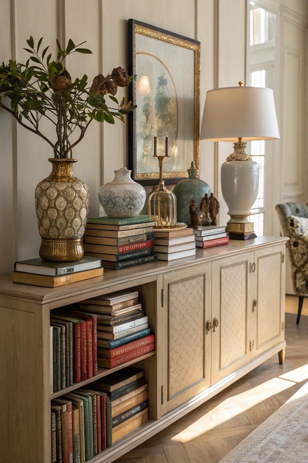 Books serve as both decor and functional elements.