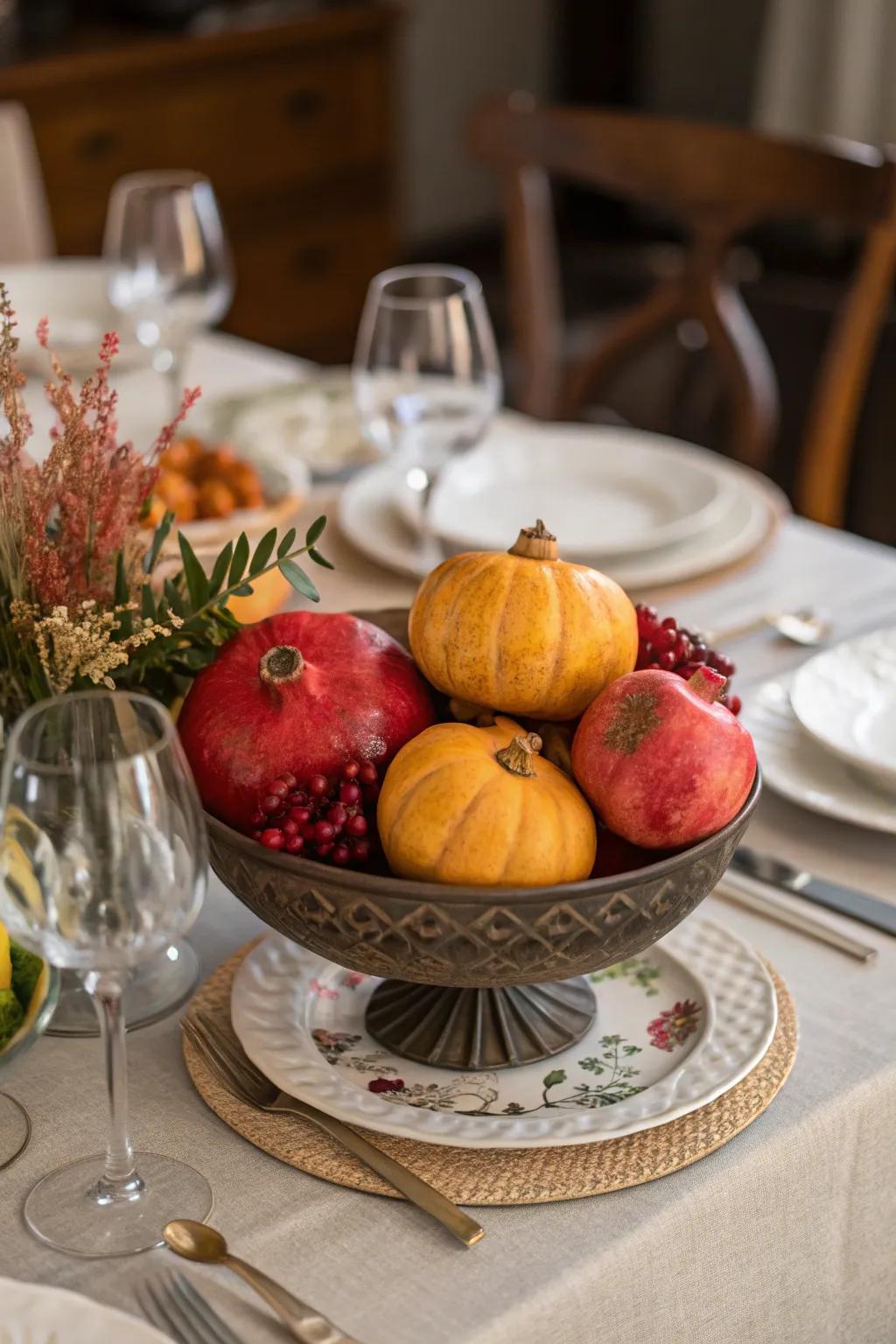 A festive centerpiece featuring seasonal fruits like pomegranates and pumpkins in a decorative bowl.