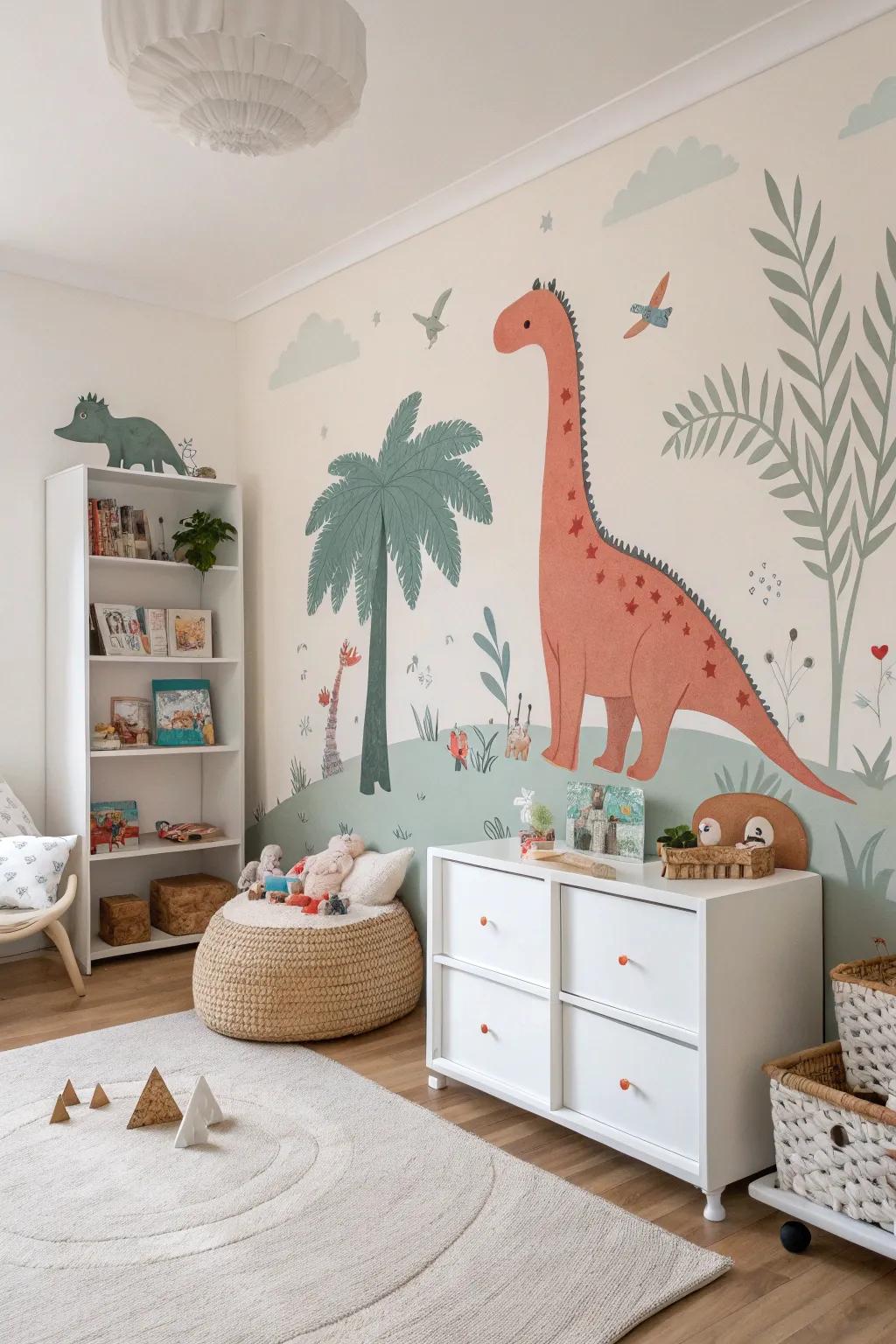 Scandinavian simplicity with a dinosaur twist adds charm to this nursery.