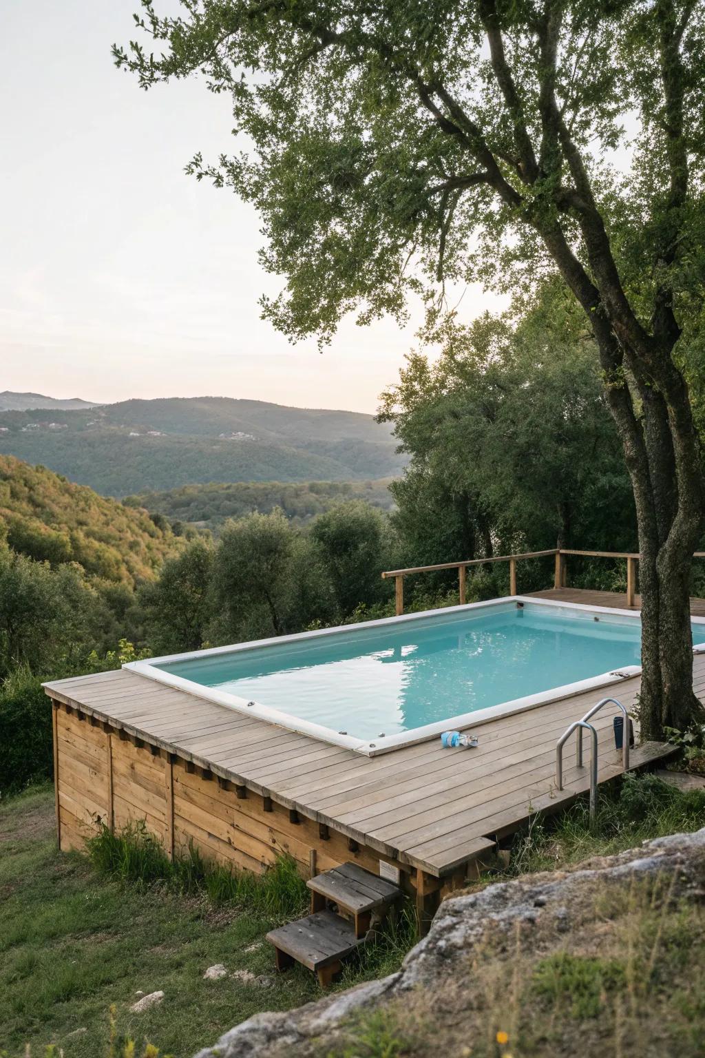 A wooden platform creates an elevated, whimsical pool setting.