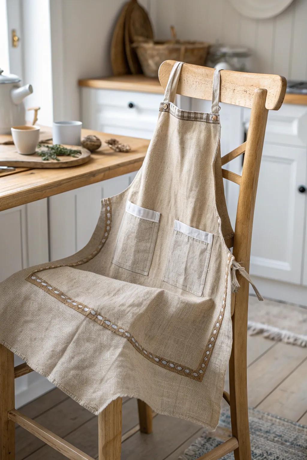 Embrace rustic charm with this eco-friendly burlap apron, a perfect blend of simplicity and elegance.