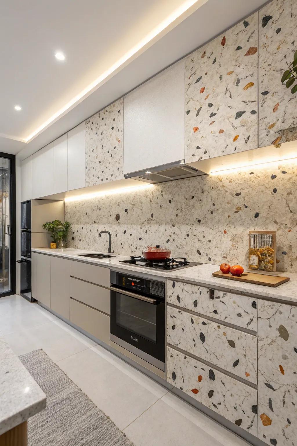 Terrazzo motif wallpaper creates an elegant backsplash.