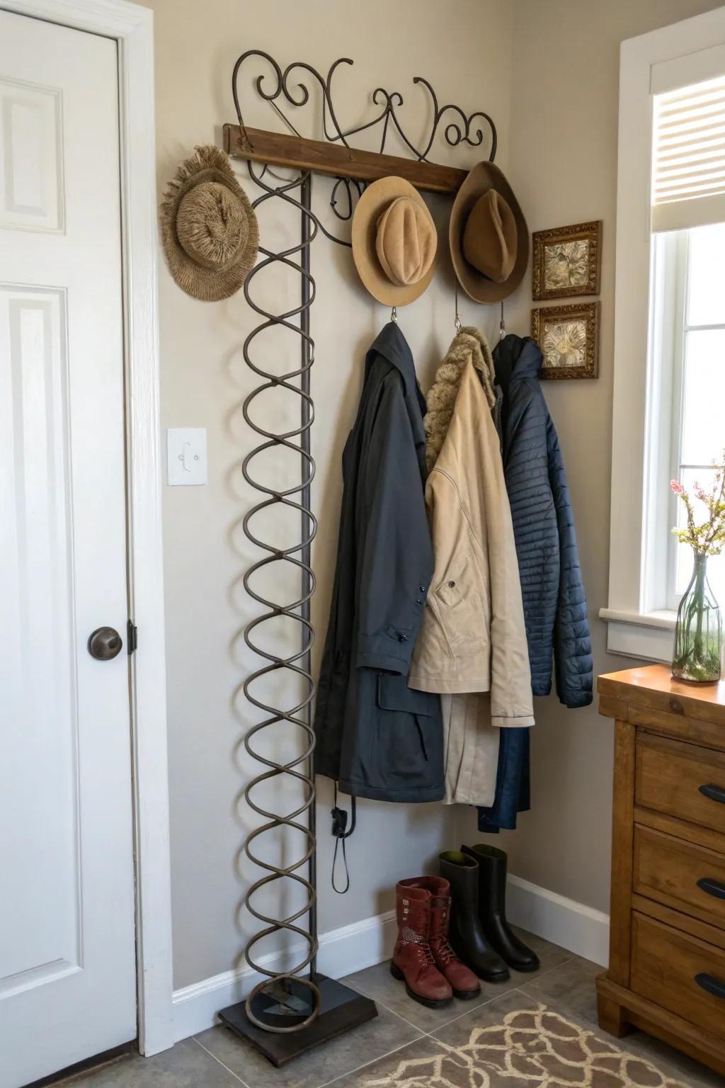 A stylish coat rack that saves space, made from a bed spring.