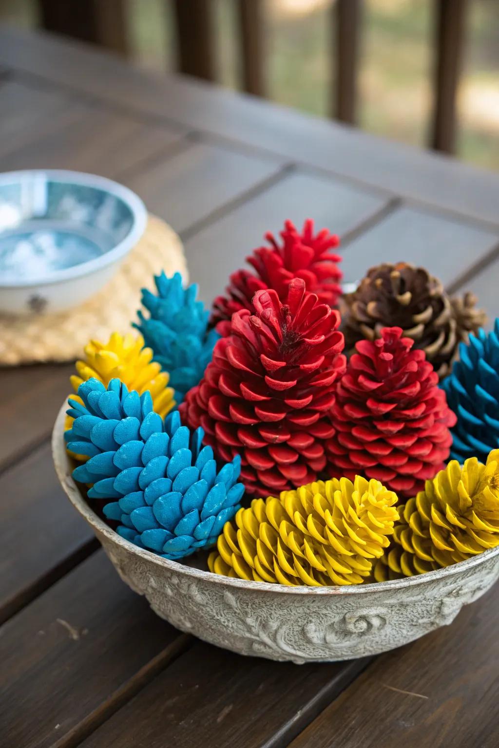 Playful painted pine cone centerpiece