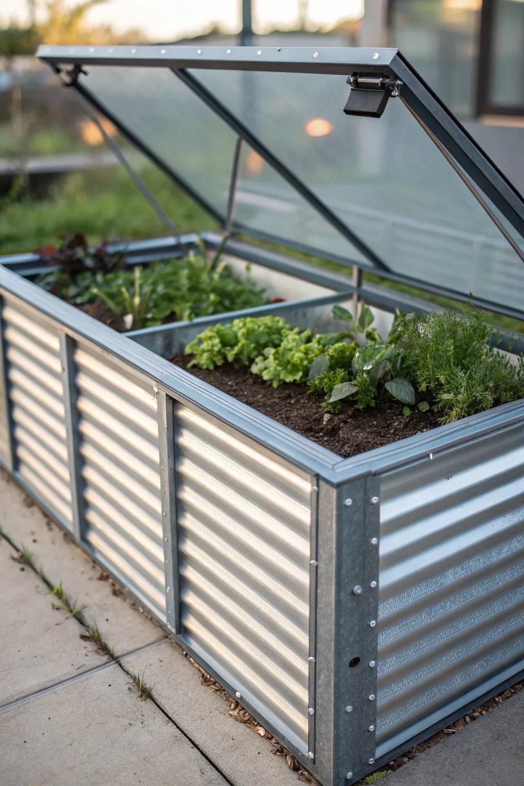 Revamp your garden with a touch of modern elegance: corrugated metal meets glass.