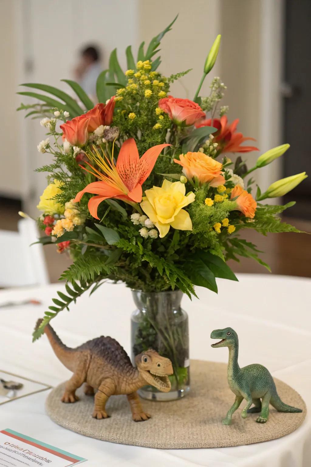 Combine elegance and playfulness with a dinosaur and floral centerpiece.