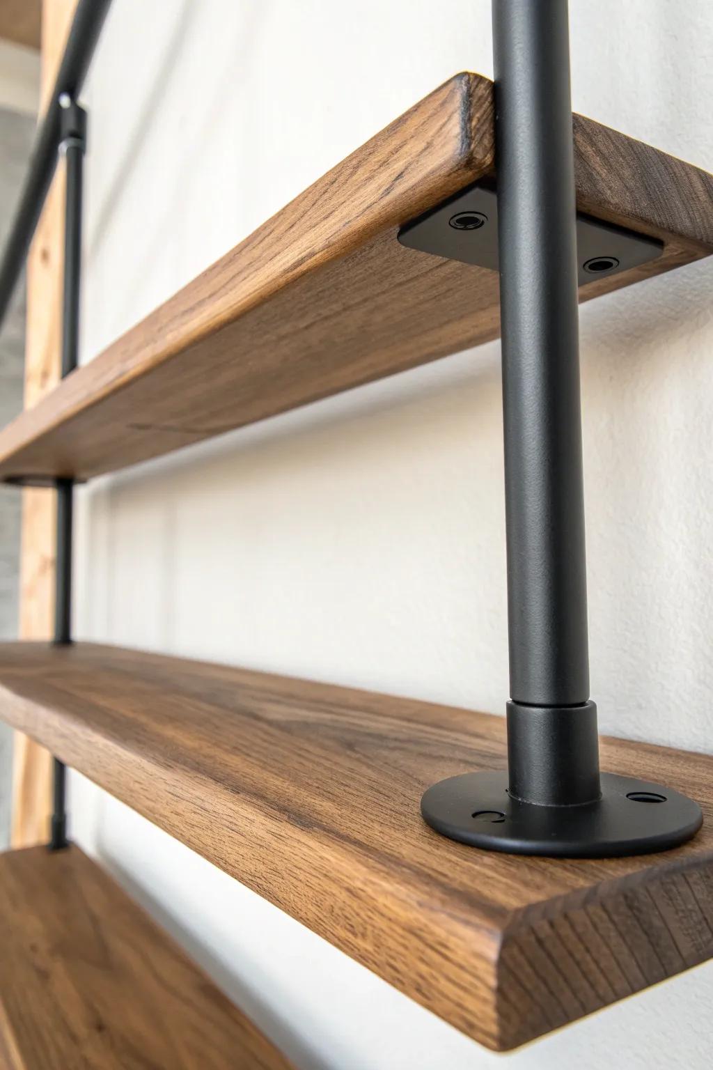 Minimalist elegance: Steel rod brackets that let your shelves shine.