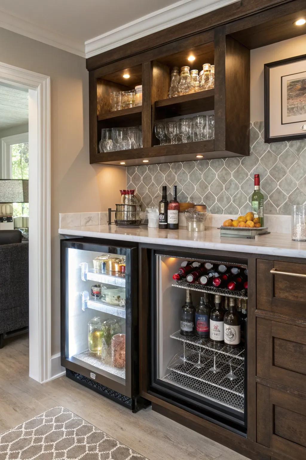 A mini fridge integrated into a home bar setup keeps drinks cool and accessible.