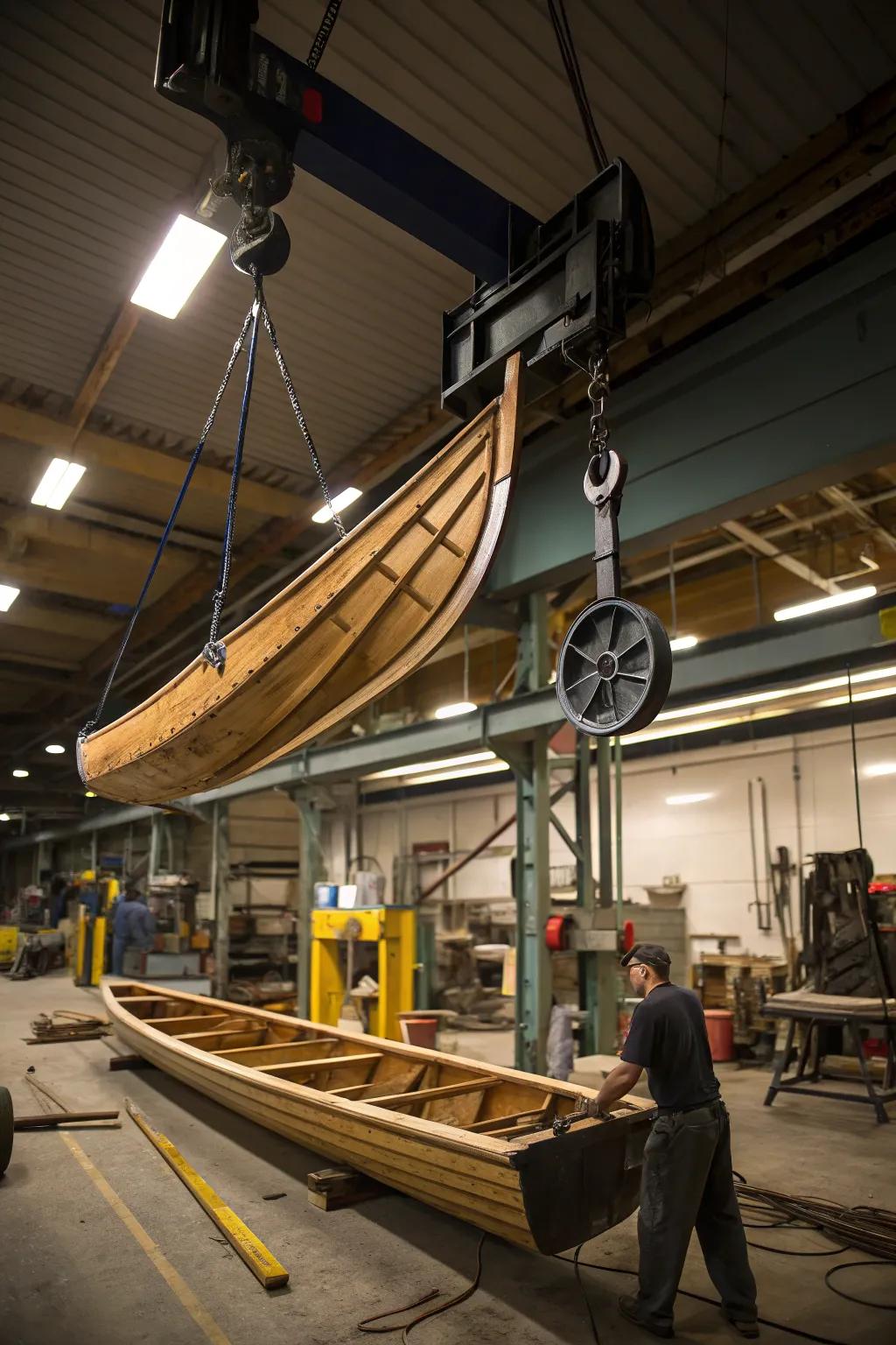 Effortlessly store canoes with a cable and pulley system.