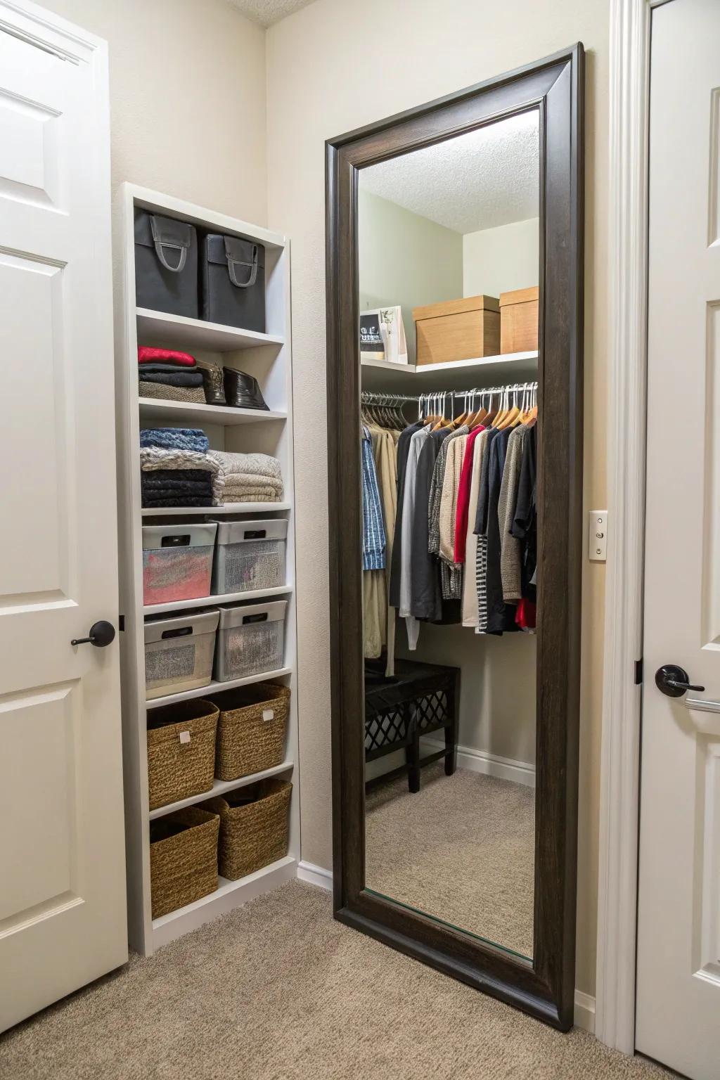 A mirror on the closet door adds style and functionality.