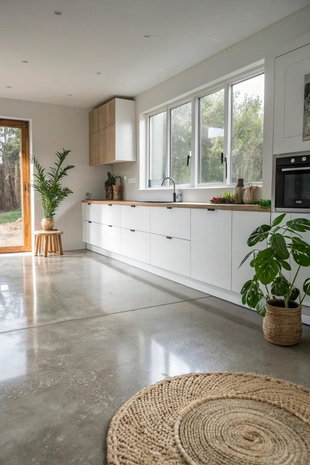 Embrace the elegance of a concrete chic kitchen floor — where industrial meets minimalist beauty.