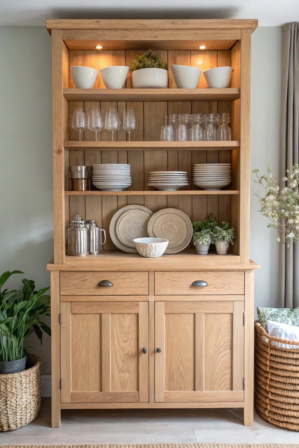 Embrace the elegance of symmetry with a minimalist kitchen hutch that brings calm to your culinary space.