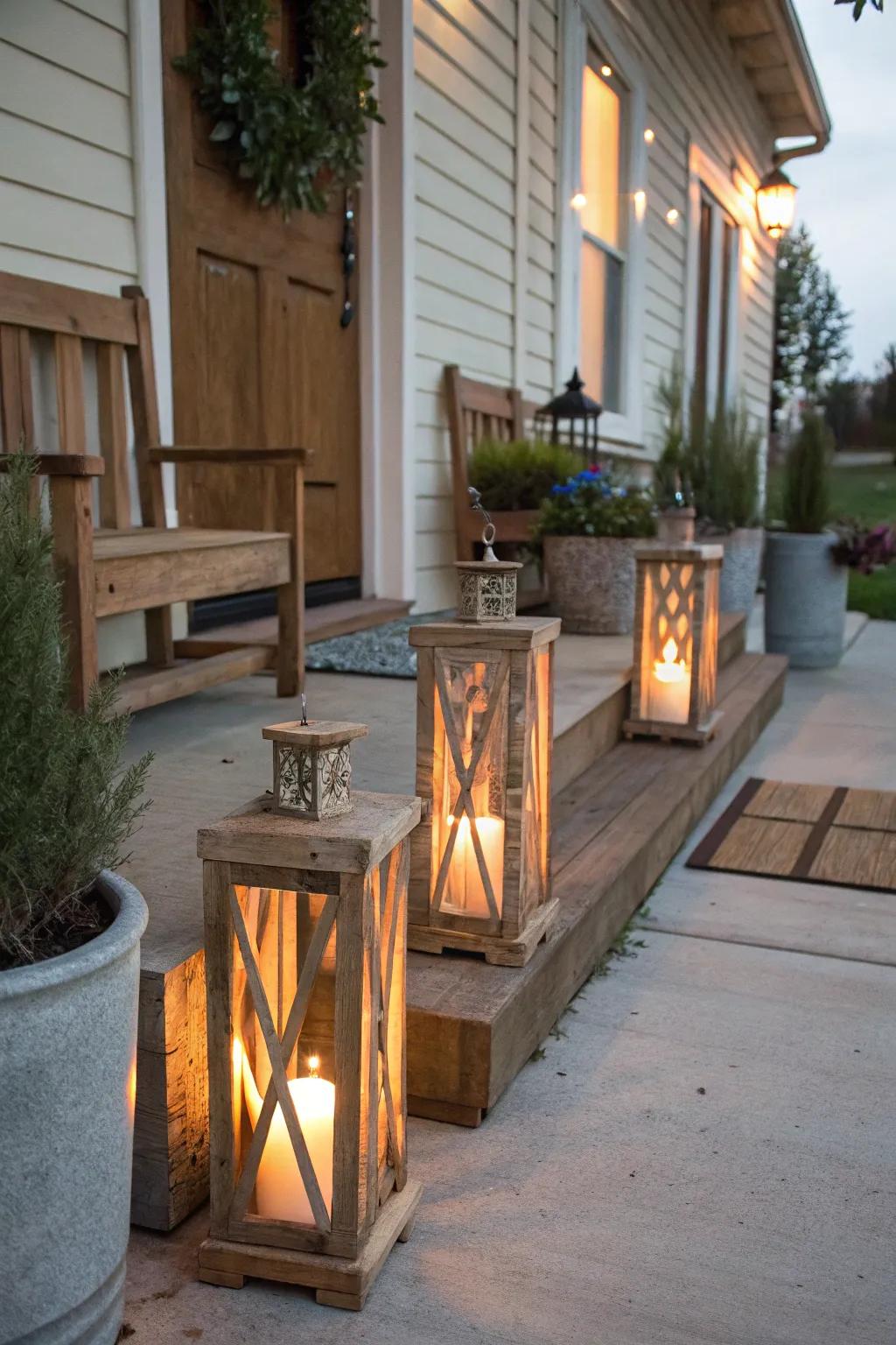 Pallet wood lanterns bring a warm, rustic charm to entrances.