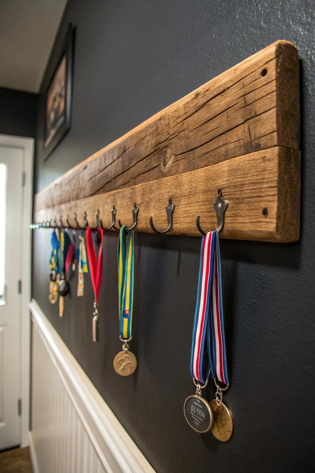 Showcase your achievements with rustic charm using a reclaimed wood medal display.