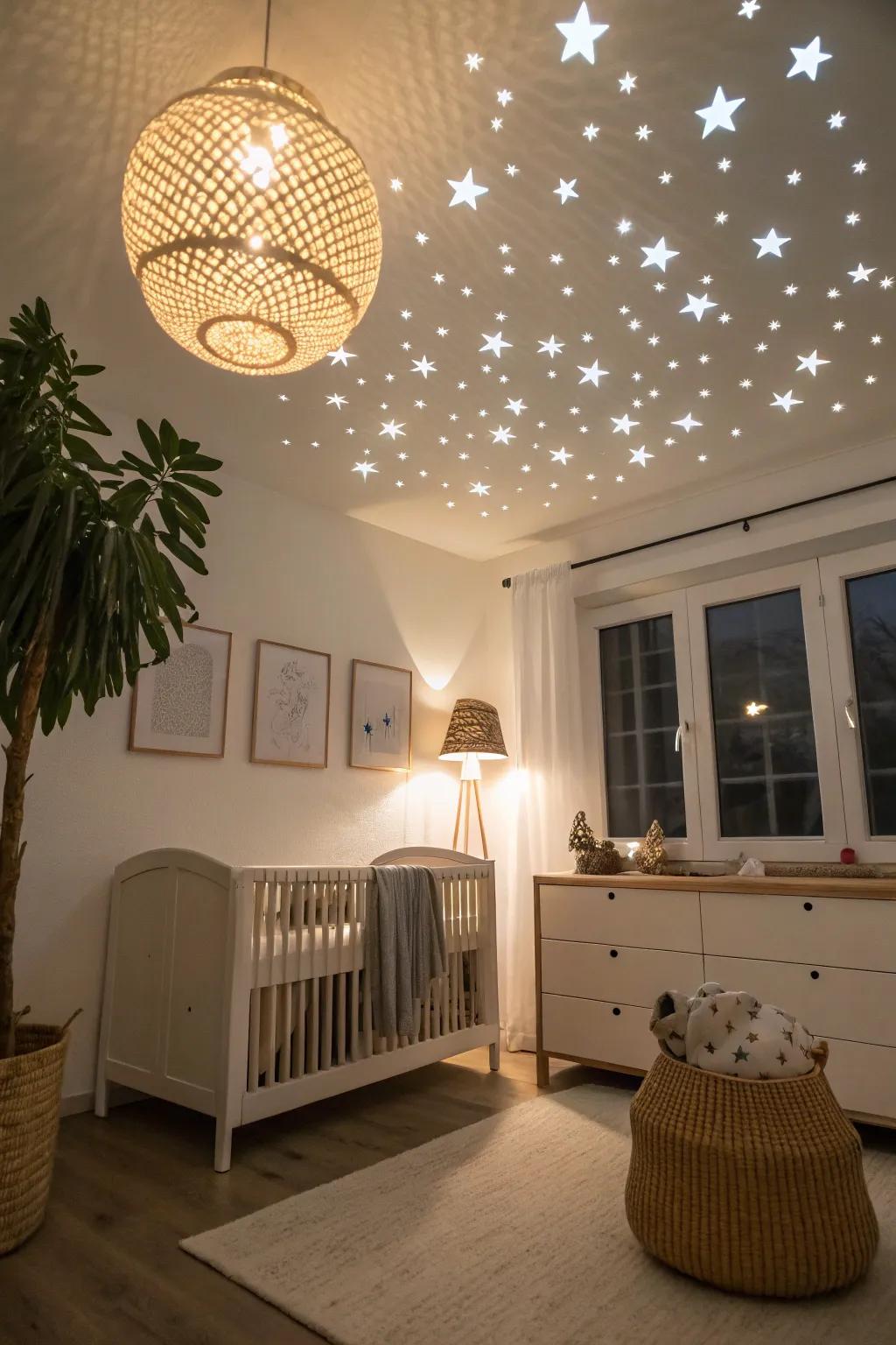 Transform bedtime into a magical journey with glow-in-the-dark stars, adding a touch of enchantment to minimalist nursery decor.