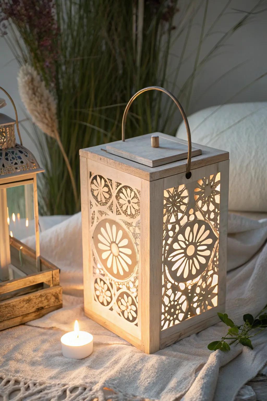 Illuminate your garden with the warm glow of handcrafted wooden block lanterns.