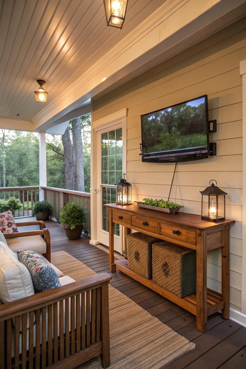 A back porch TV setup offers a cozy retreat for relaxation.