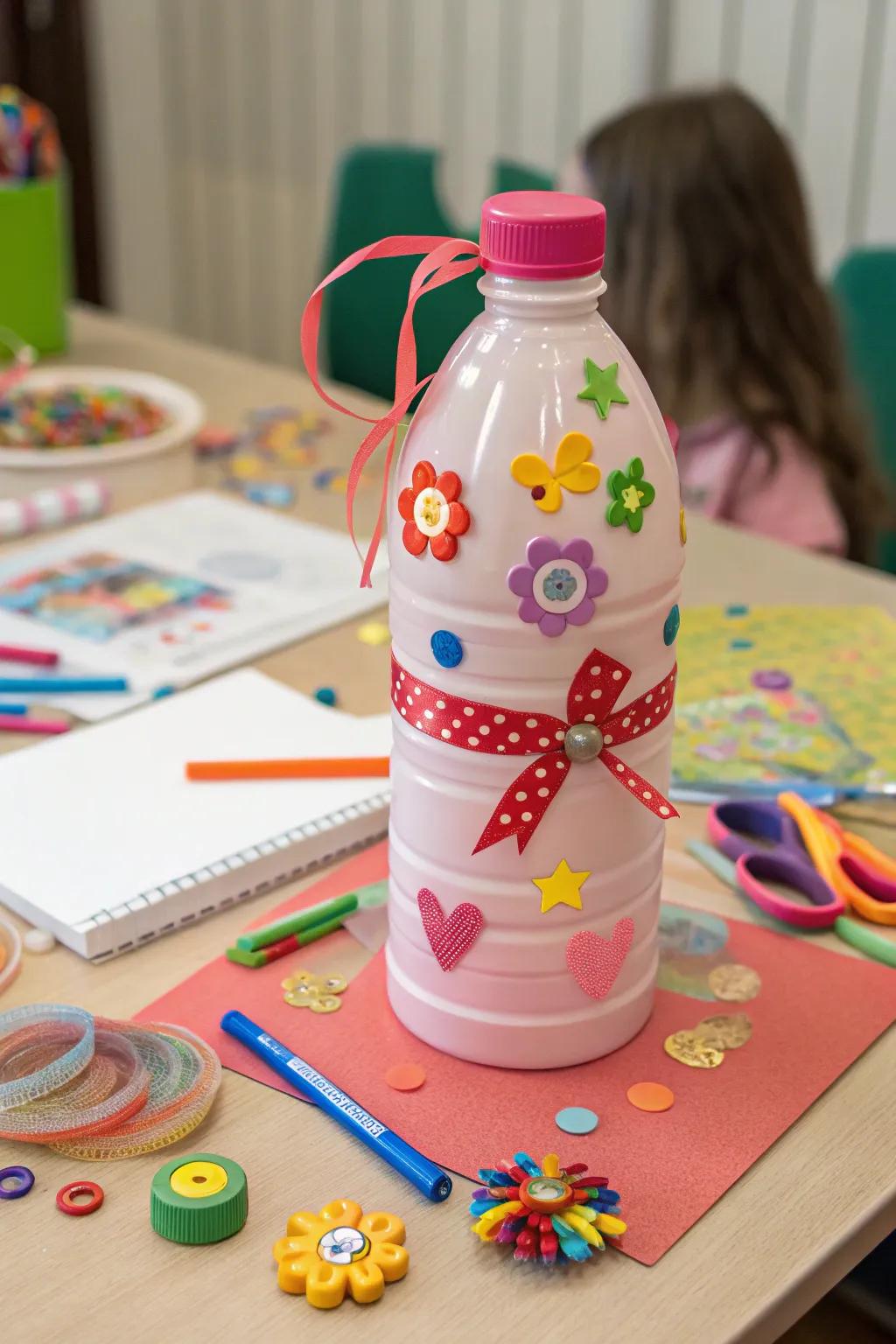 Eco-friendly plastic bottle coin bank.