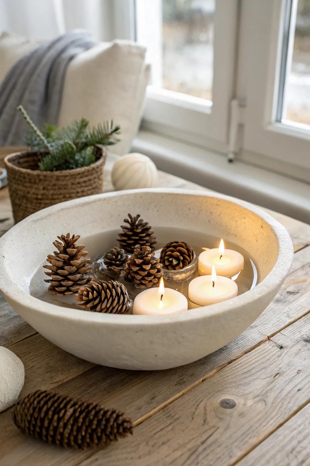 Elevate your table decor with this enchanting floating pine cone centerpiece, combining simplicity and natural elegance.