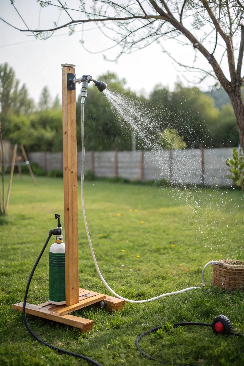 A refreshing hand-pumped water sprayer for outdoor showers.