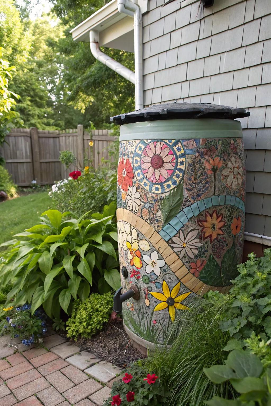 A mosaic-tiled rain barrel stands as a colorful work of art in the garden.