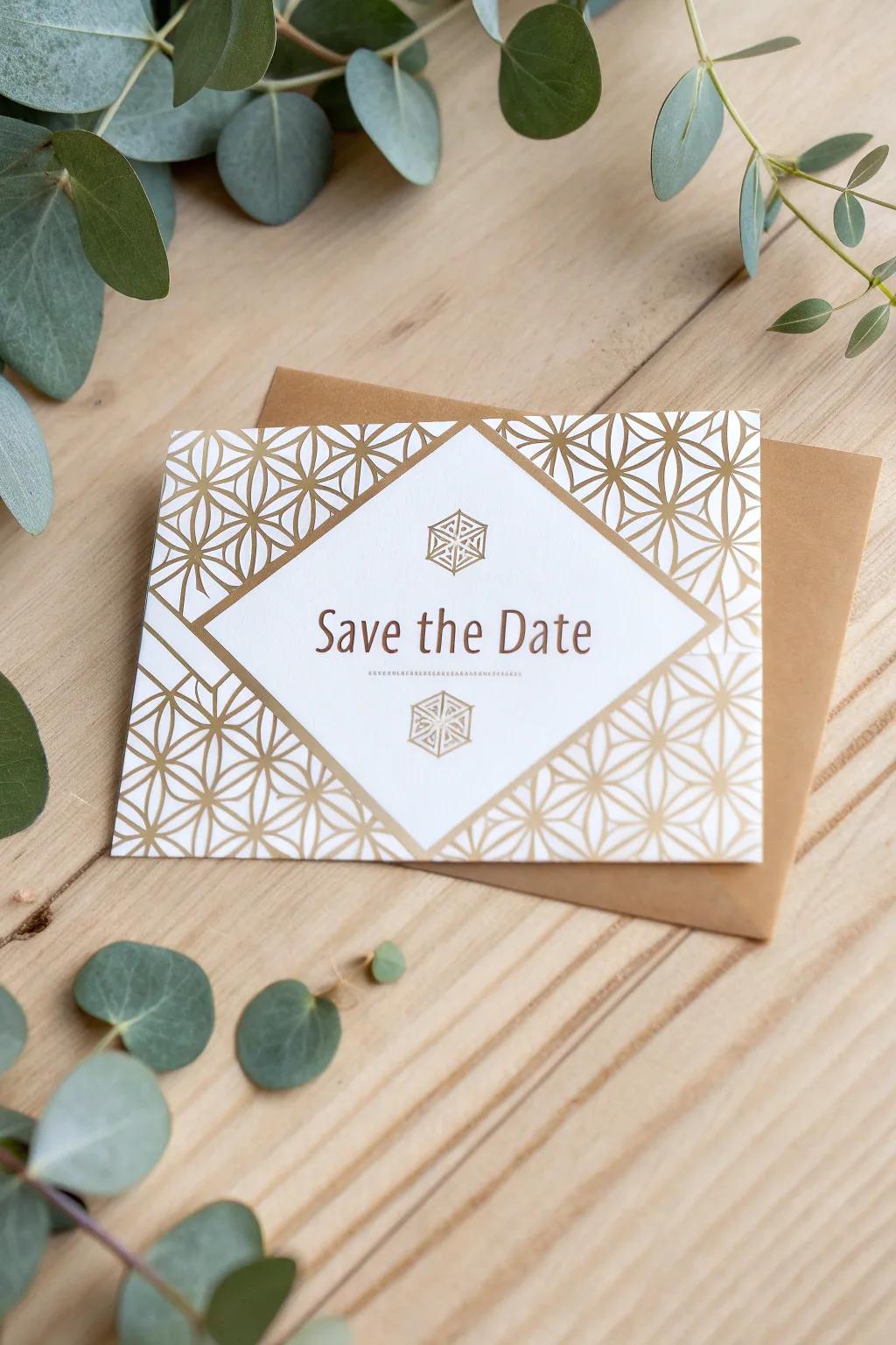 Embrace modern elegance with DIY geometric 'Save the Date' cards - where simplicity meets artistry.