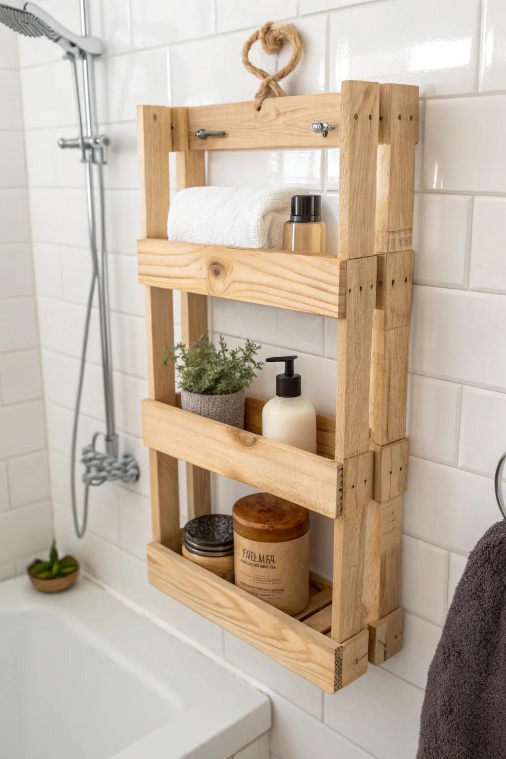 Elevate your shower space with this chic DIY pallet shelf – where rustic charm meets minimalist elegance.