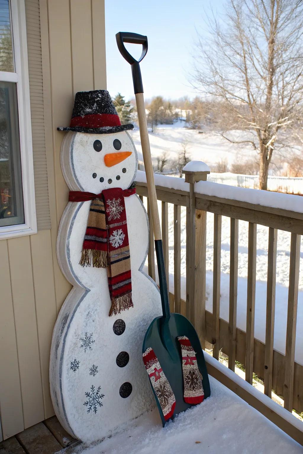 Welcome guests with a charming snowman shovel on your porch.