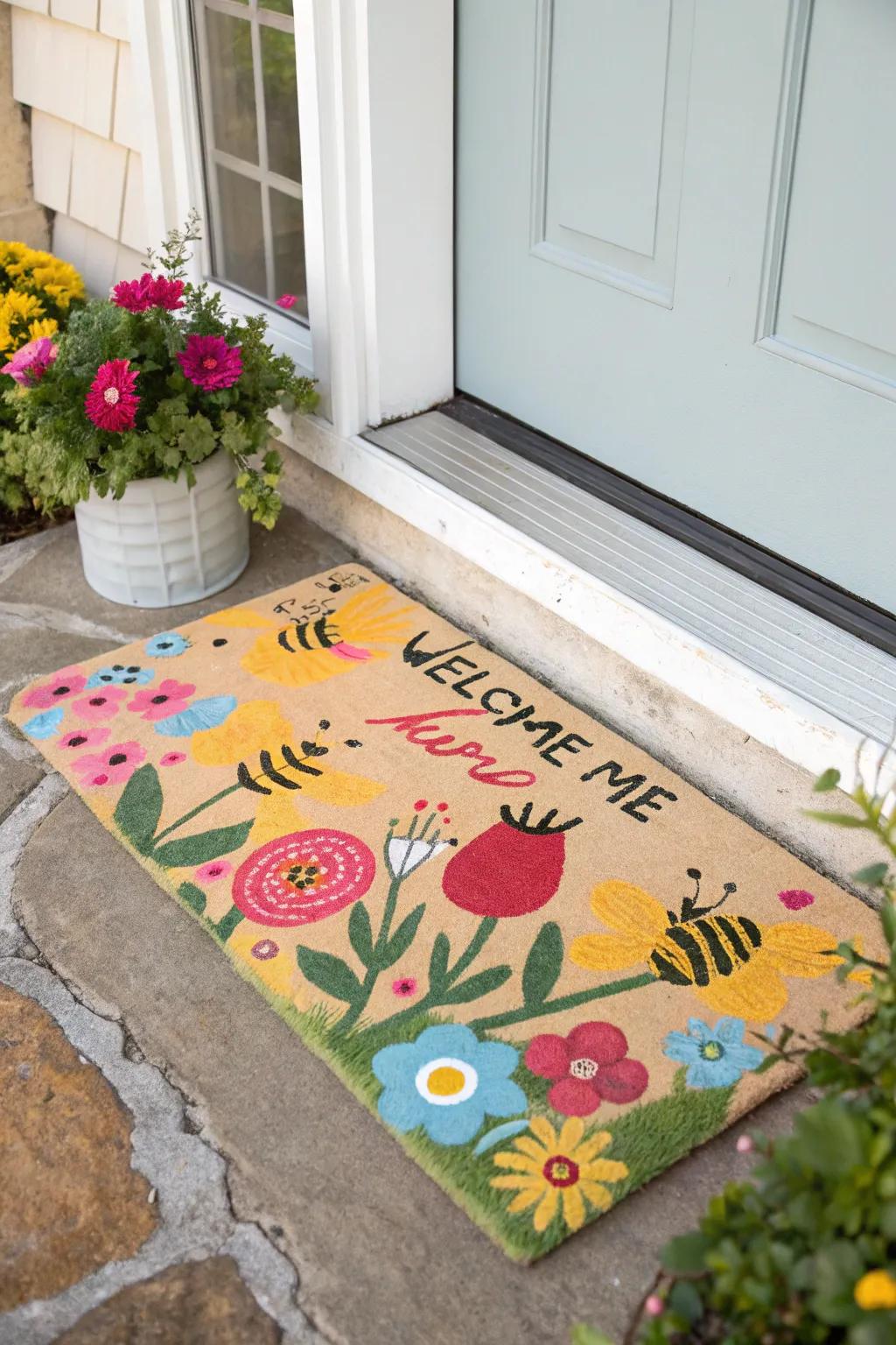 A hand-painted doormat welcomes spring with vibrant colors and patterns.