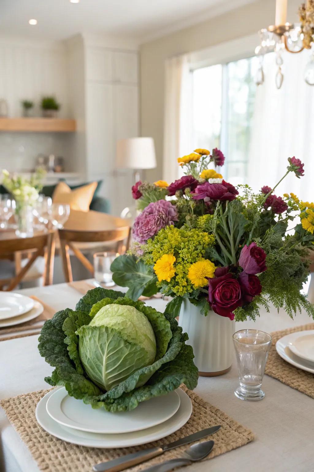 Create a unique centerpiece with ornamental cabbage and fresh blooms.