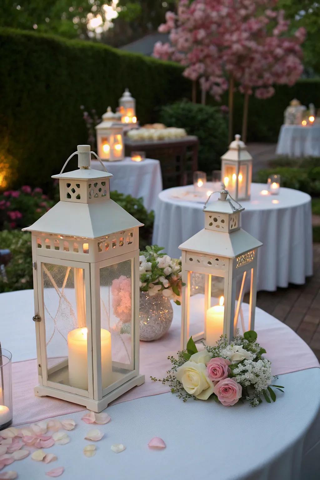 Lanterns with LED candles create a warm and inviting glow.