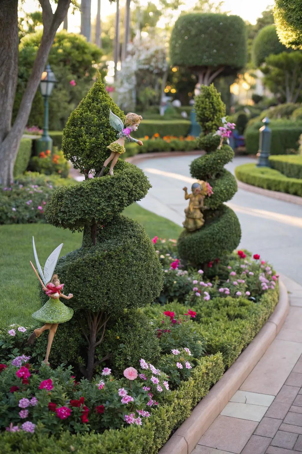 A whimsical fairy garden topiary creating a magical scene in a garden.