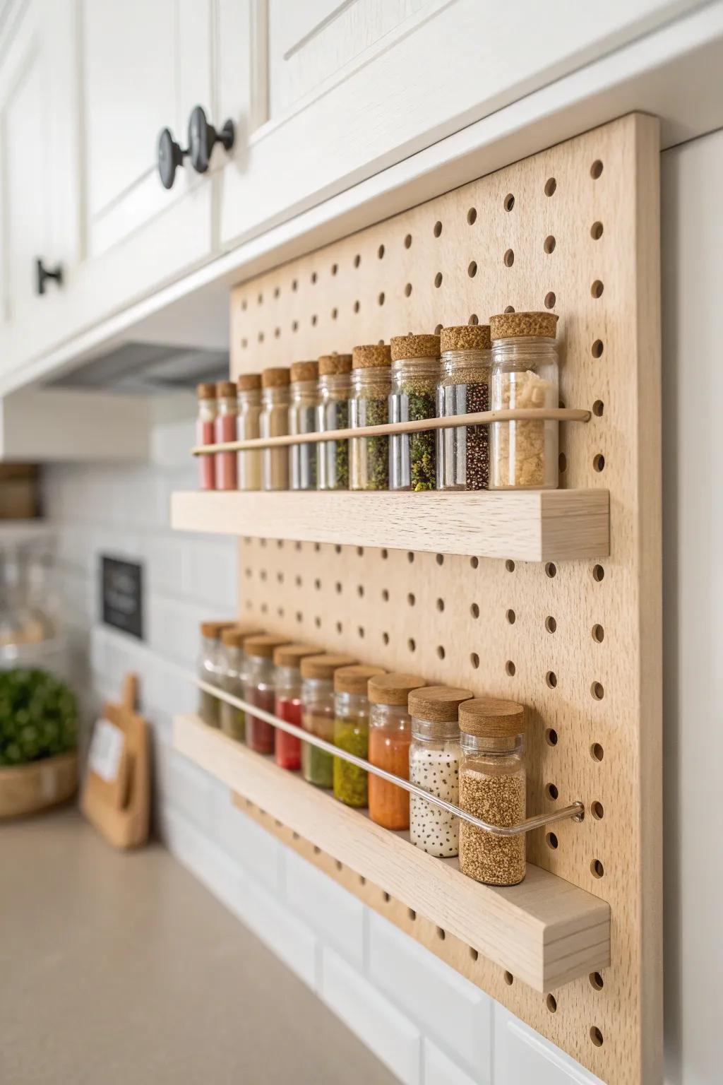 Elevate your kitchen with a chic pegboard spice holder—where Scandinavian minimalism meets Boho charm. 🌿✨