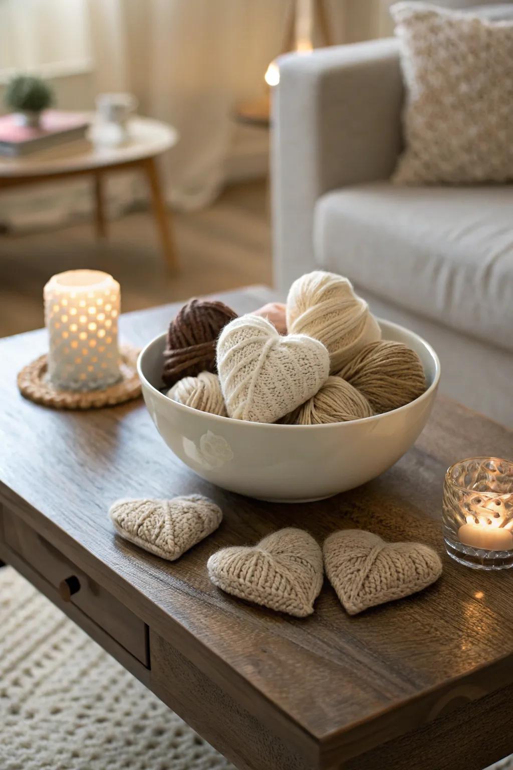 Yarn-wrapped hearts offer a cozy, rustic vibe to your decor.