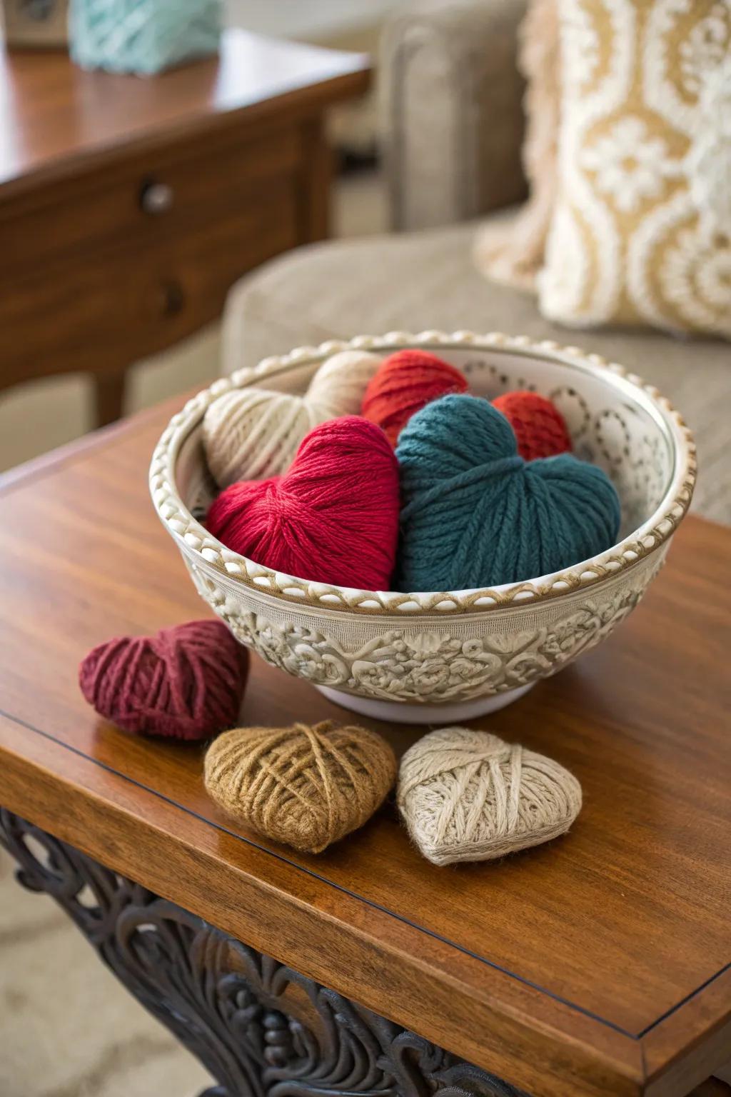 Add warmth with yarn-wrapped hearts.