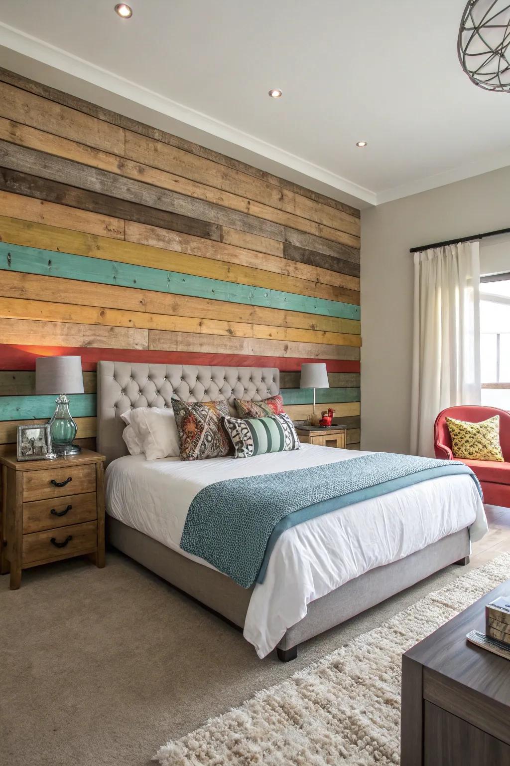 Colorful transformation: Painted plank wall headboard.