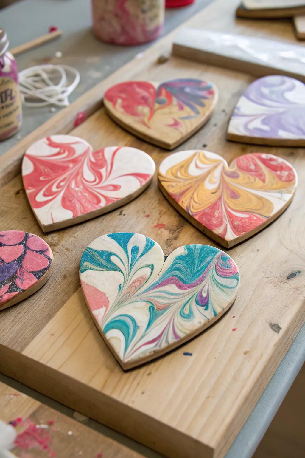 Marbled paint hearts are a vibrant and unique addition.