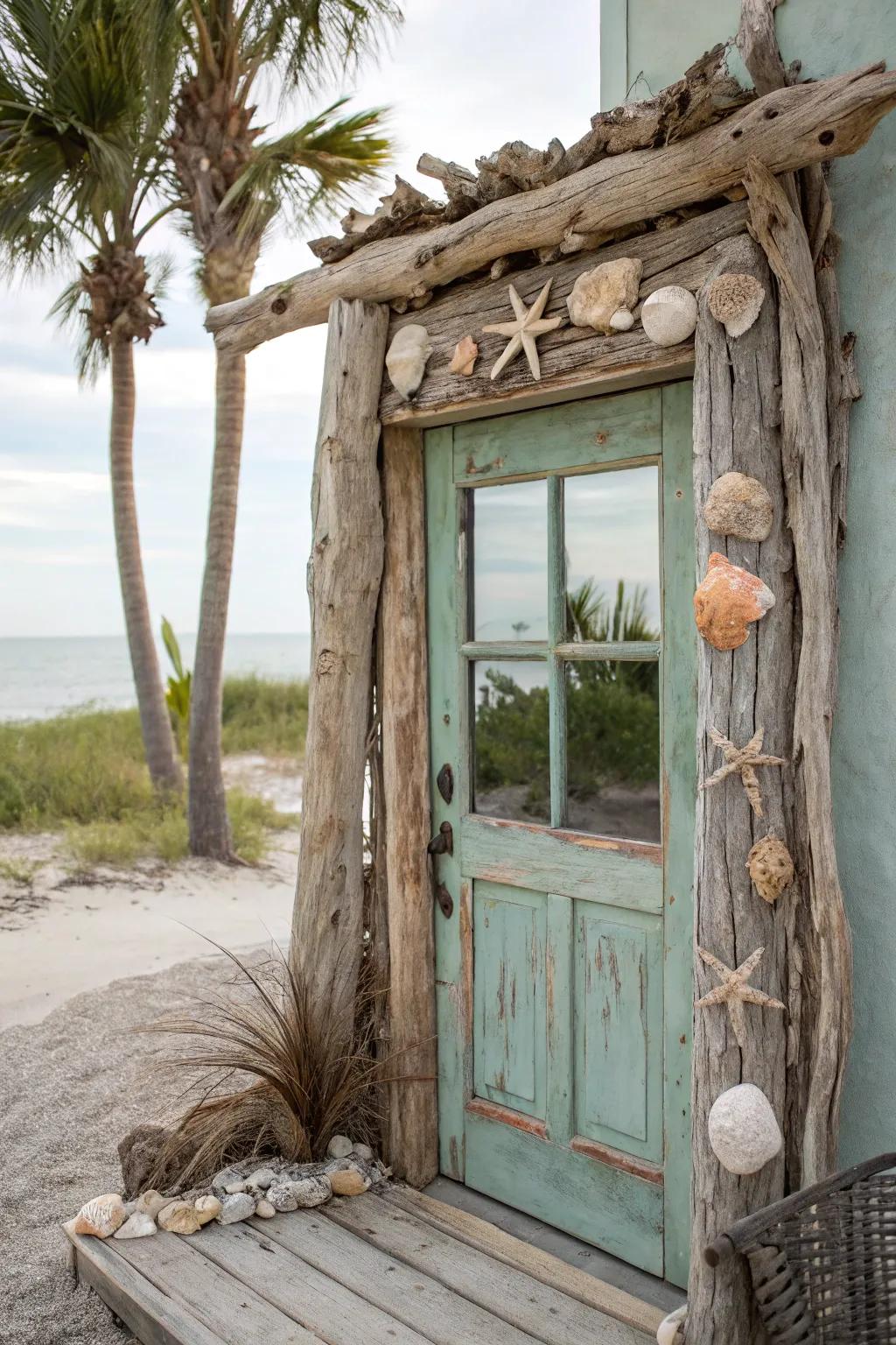 A soothing coastal living themed door.