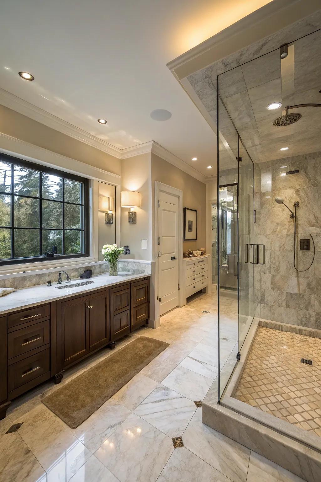 Heated floors add a touch of luxury to this doorless walk-in shower.