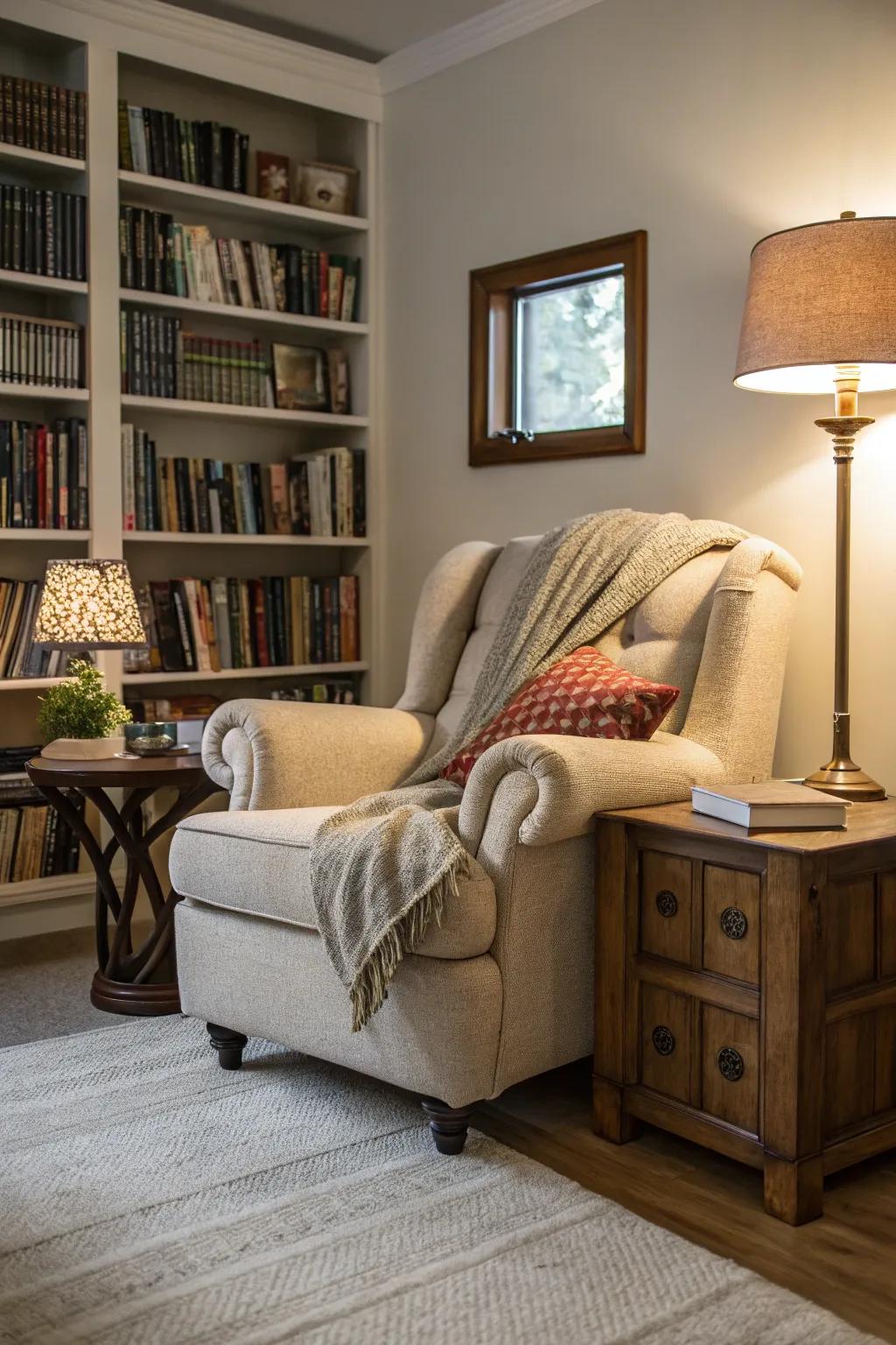 A reading nook offers a cozy retreat in your living room.