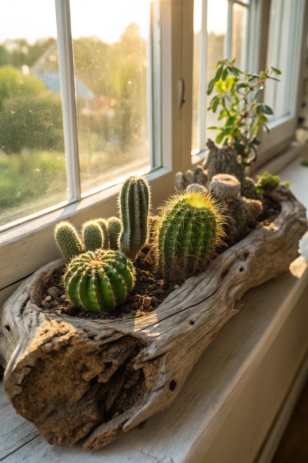 Desert-inspired driftwood planter with cacti, thriving in natural light.