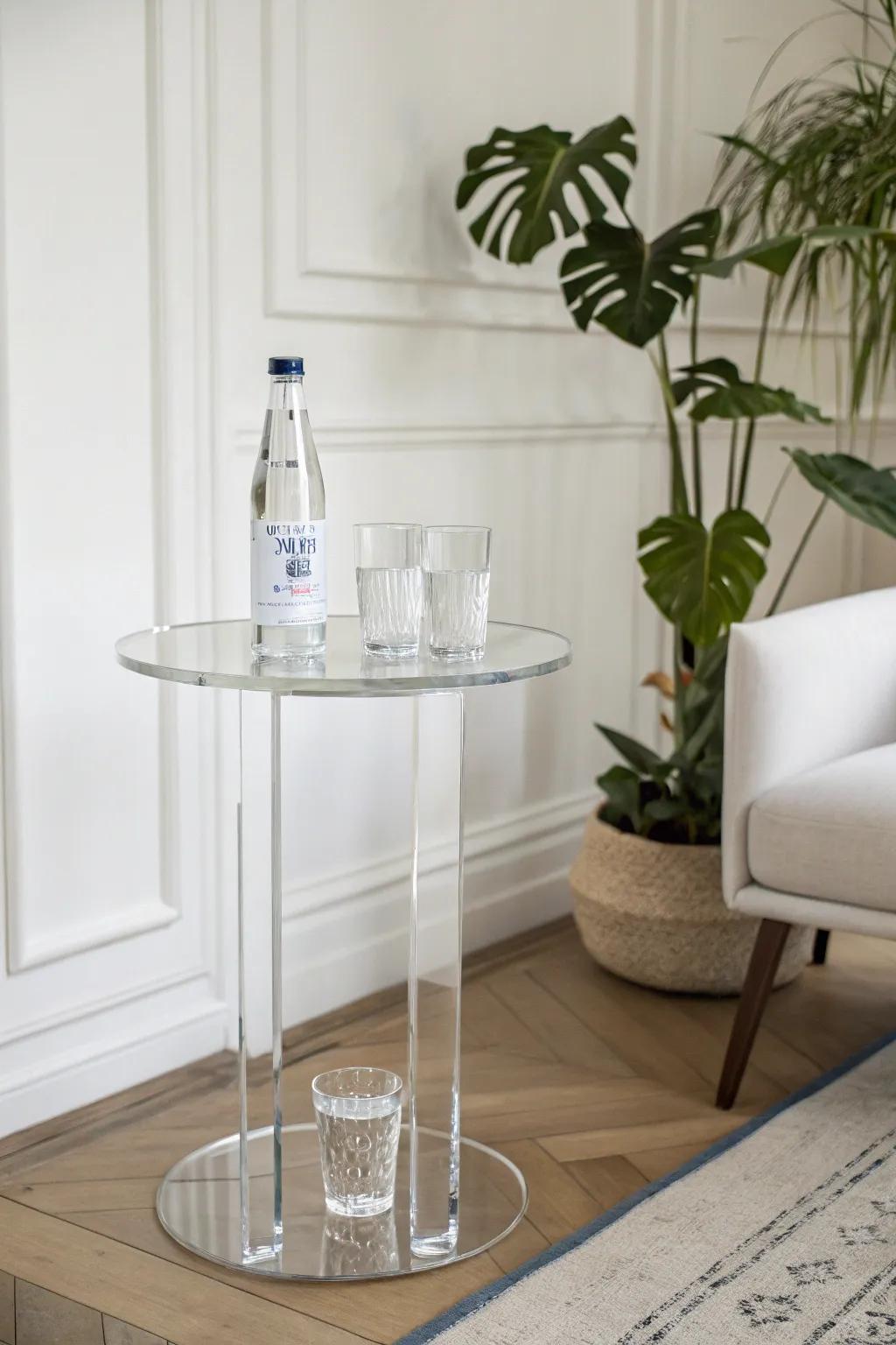 An acrylic drink table adding modern sophistication to a room.