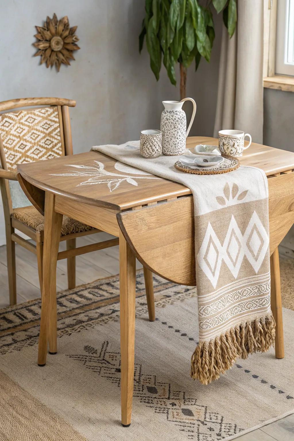 Eclectic Ecstasy: Where Scandinavian simplicity meets Boho charm in a unique drop leaf table design.
