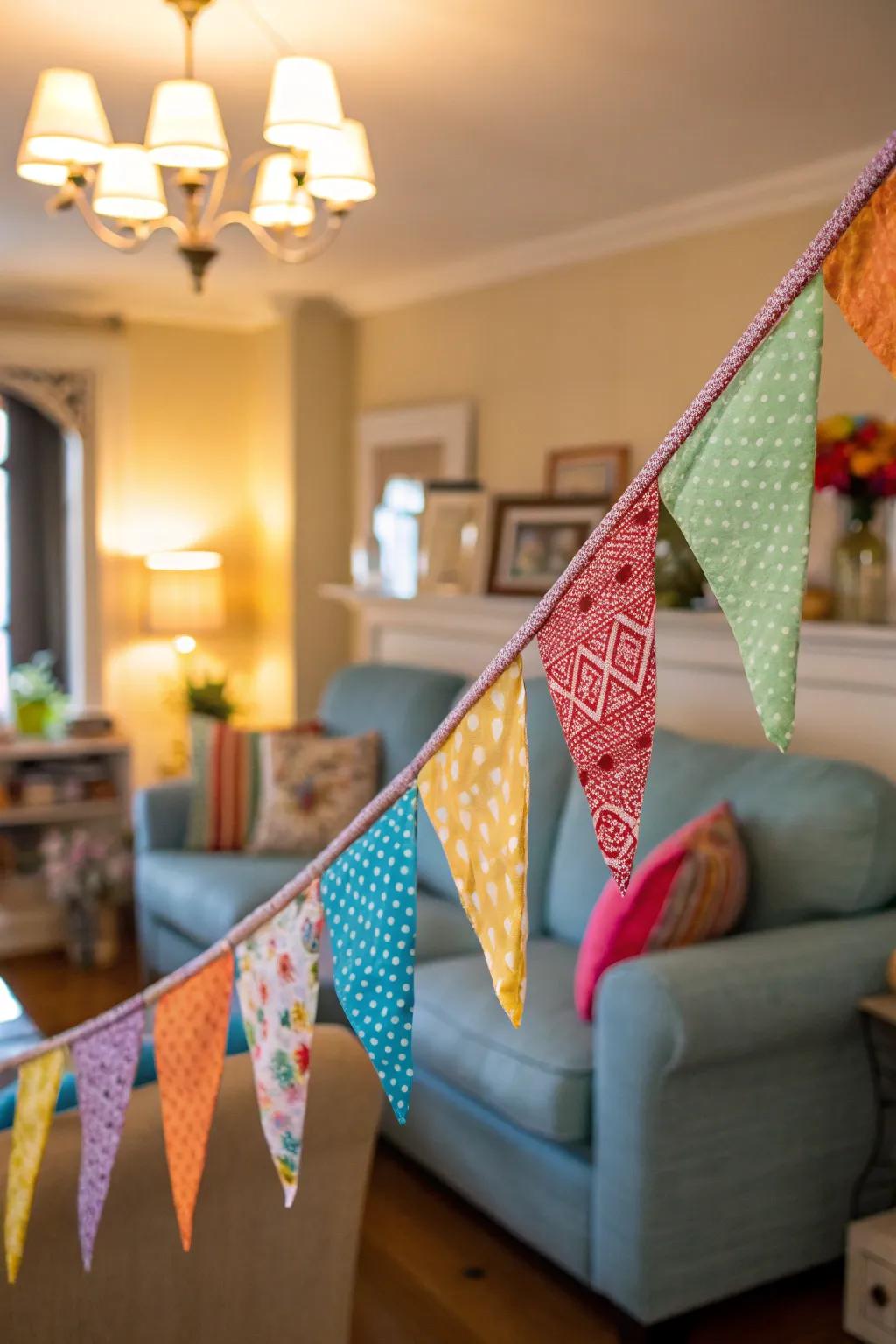 Charming upcycled fabric bunting adding a festive touch to home decor.